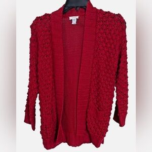 Chico’s Red Open Knit Cardigan Sweater 3/4 Sleeve Size 00 Lightweight Layer